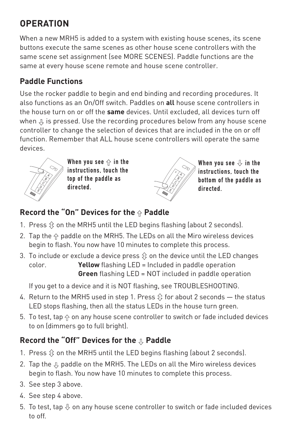 Operation, Paddle functions, Record the “on” devices for the paddle | Record the “off” devices for the paddle | Legrand MRH5 User Manual | Page 4 / 11