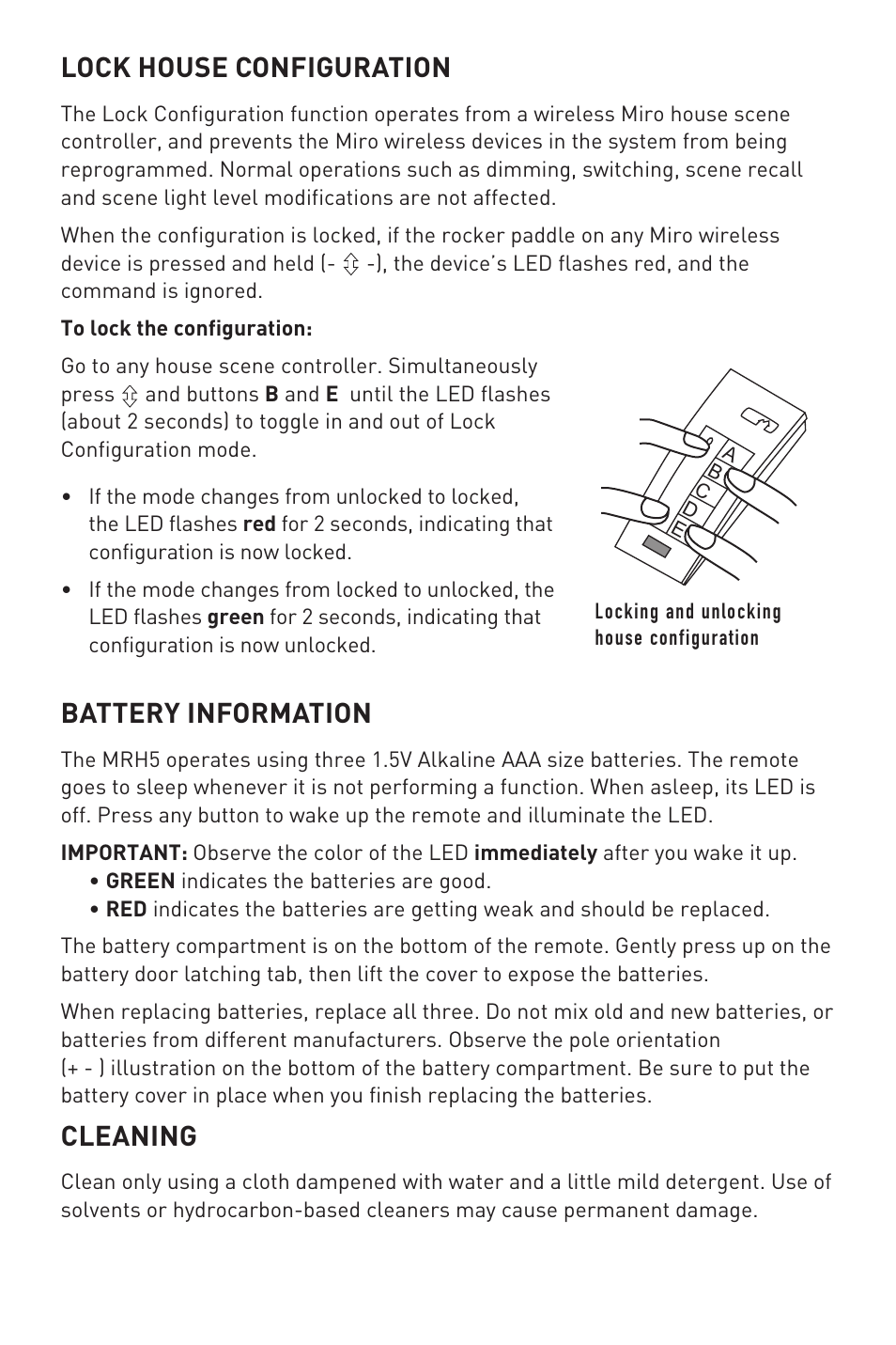 Lock house configuration, Battery information, Cleaning | Legrand MRH5 User Manual | Page 8 / 11