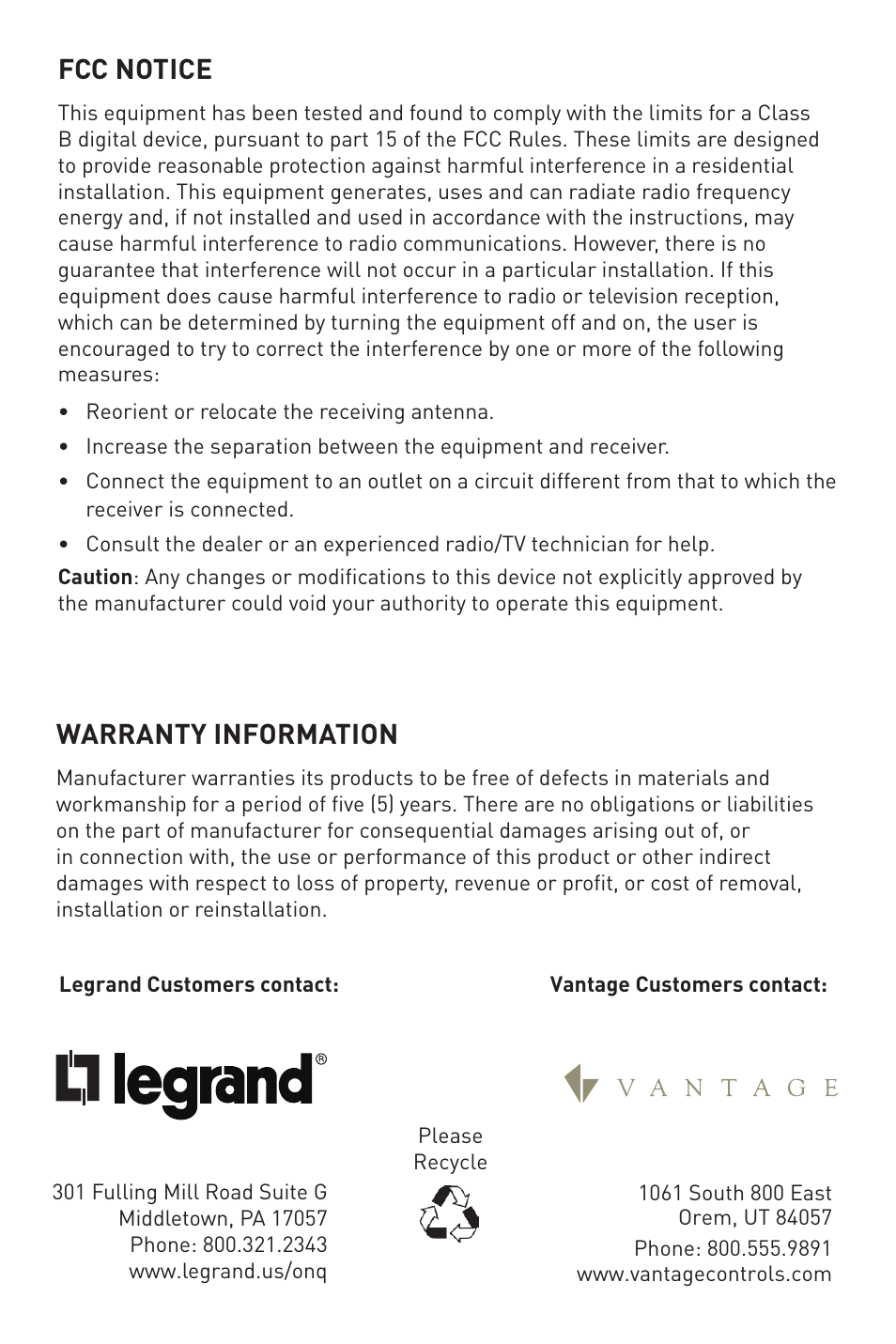 Fcc notice, Warranty information, Is-0514 | Legrand DRD9 User Manual | Page 3 / 9