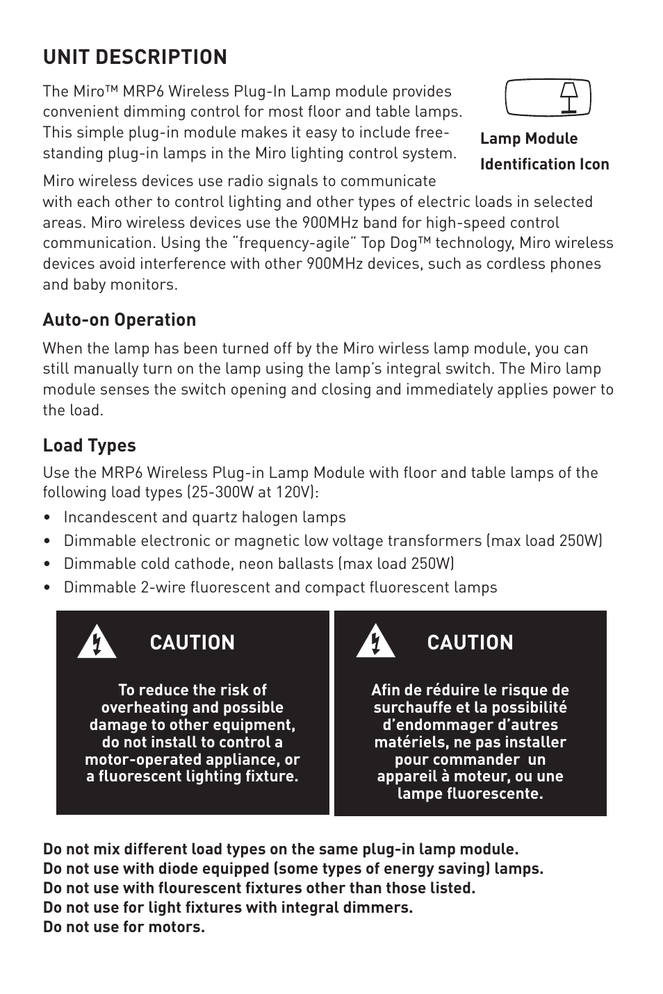 Plug-in lamp, Unit description, Caution | Legrand MRP6 User Manual | Page 5 / 9