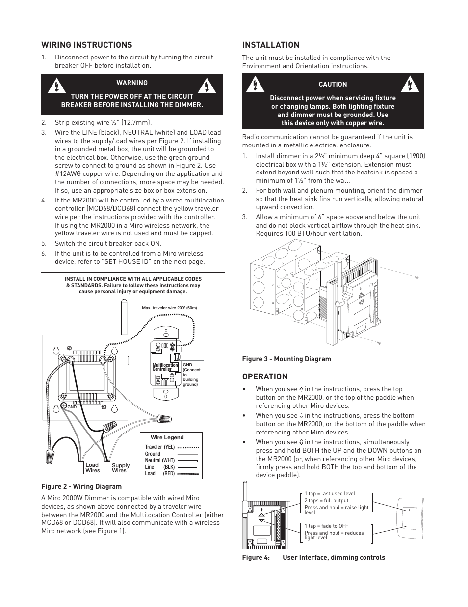 Wiring instructions, Installation, Operation | Legrand MR2000 User Manual | Page 3 / 5