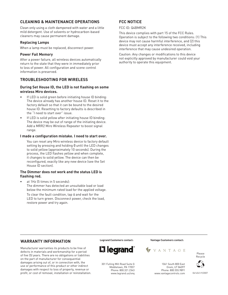 Warranty information, Cleaning & maintenance operations, Troubleshooting for wireless | Fcc notice | Legrand MR2000 User Manual | Page 5 / 5