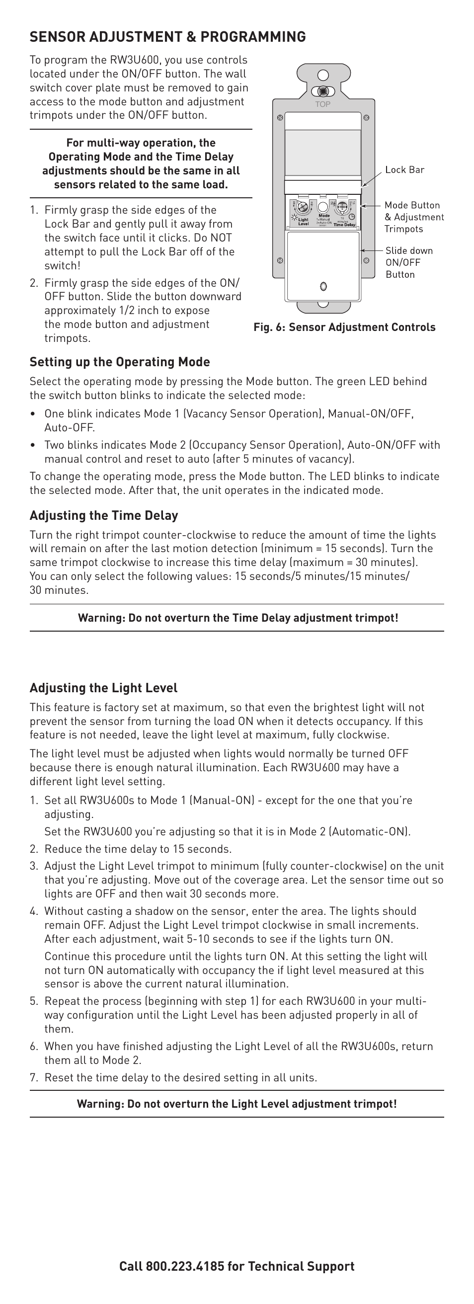 Sensor adjustment & programming | Legrand RW3U600 User Manual | Page 4 / 6