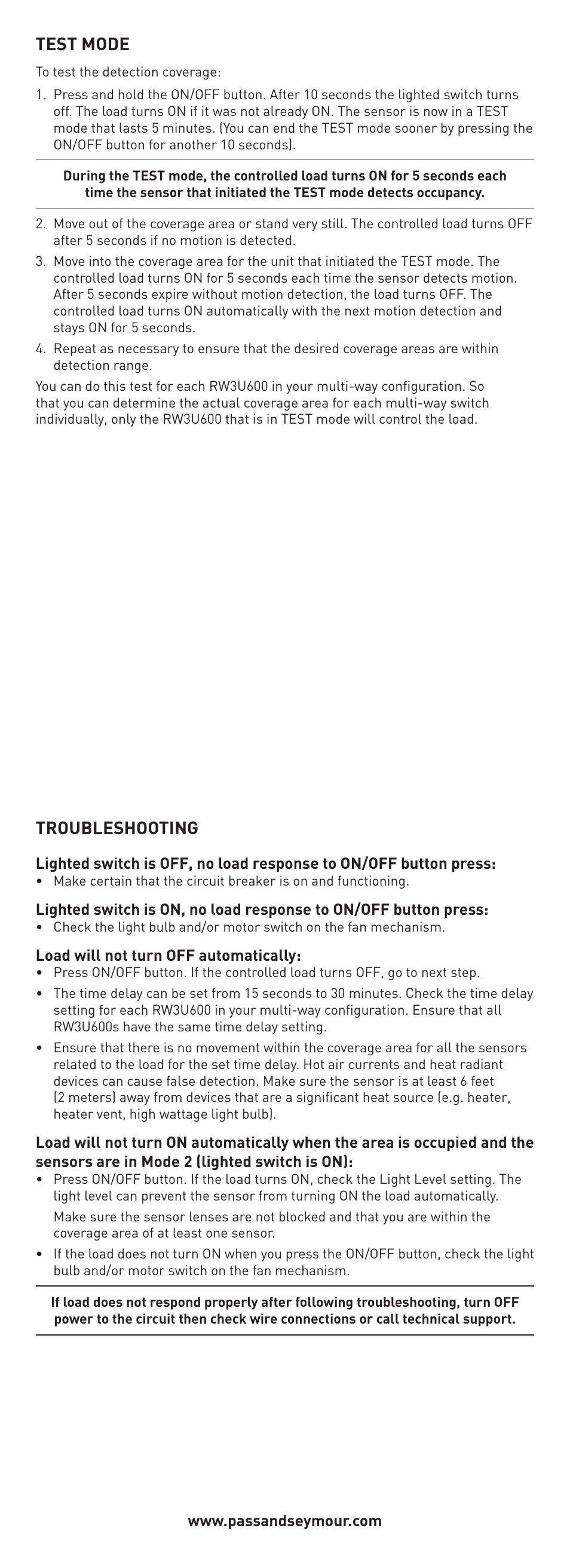 Test mode, Troubleshooting | Legrand RW3U600 User Manual | Page 5 / 6