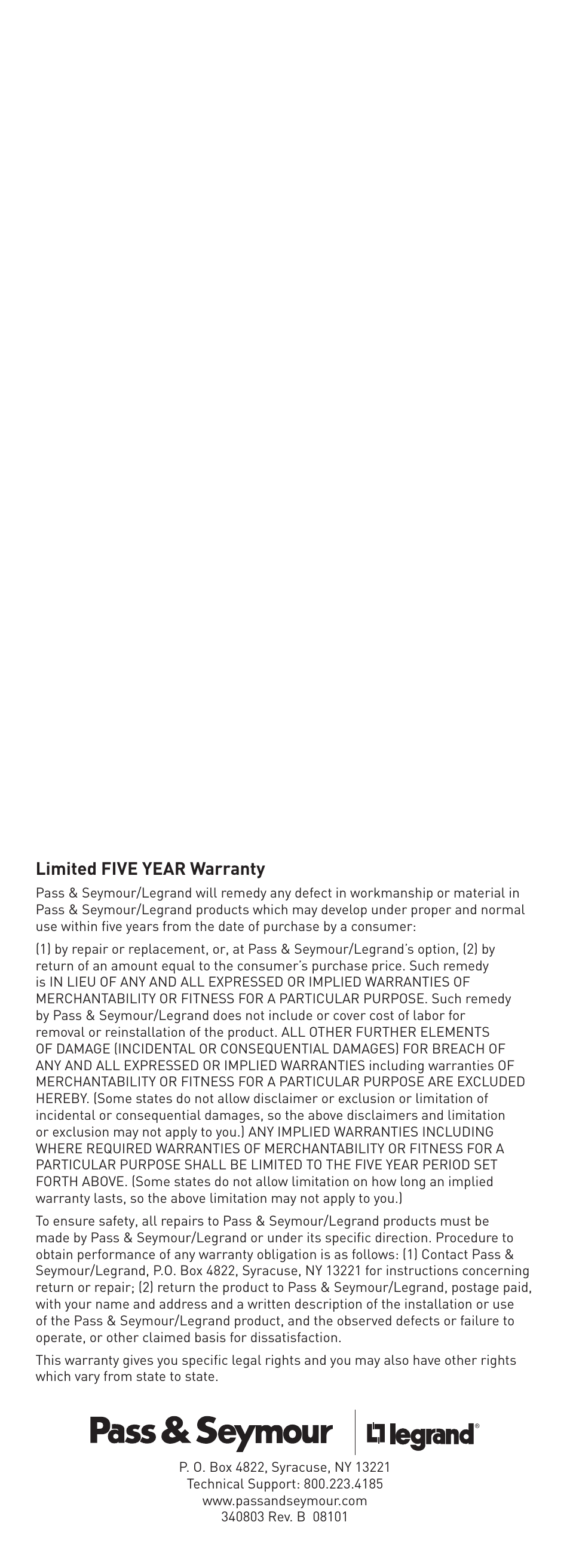 Limited five year warranty | Legrand RW3U600 User Manual | Page 6 / 6