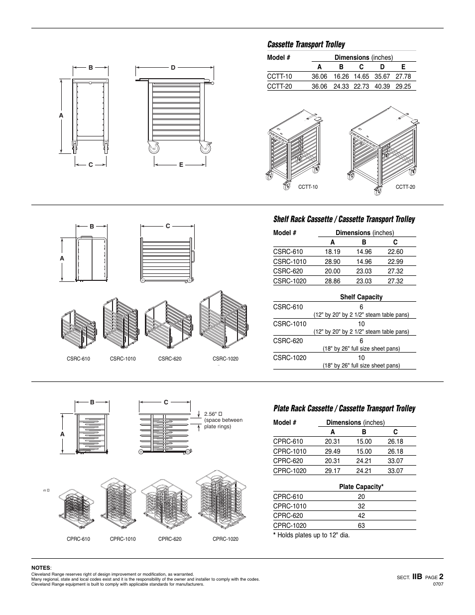 Shelf rack cassette / cassette transport trolley, Plate rack cassette / cassette transport trolley, Cassette transport trolley | Cleveland Range CCTT-10 User Manual | Page 2 / 2