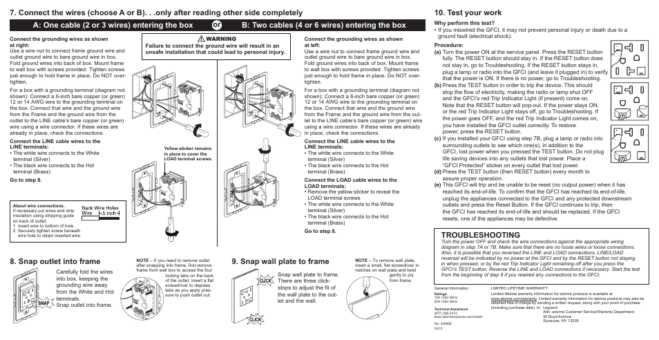 Test your work troubleshooting, Snap outlet into frame, Snap wall plate to frame | Legrand AGFTR202 User Manual | Page 2 / 2