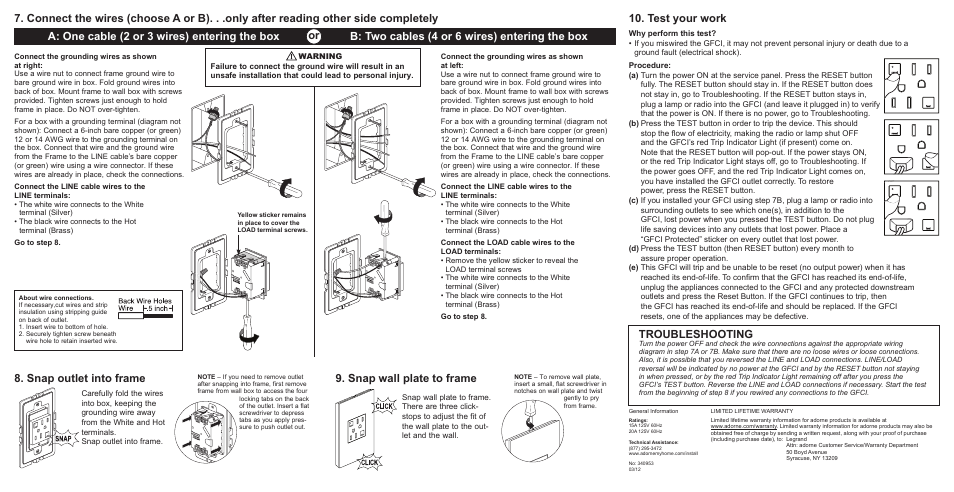 Test your work troubleshooting, Snap outlet into frame, Snap wall plate to frame | Legrand AGFTR152 User Manual | Page 2 / 2