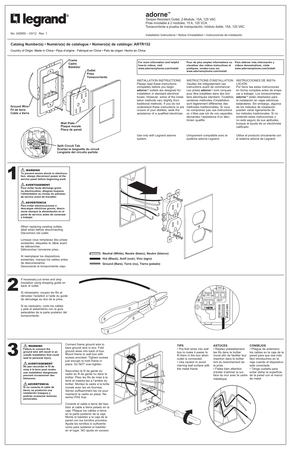 Legrand ARTR152 User Manual | 2 pages