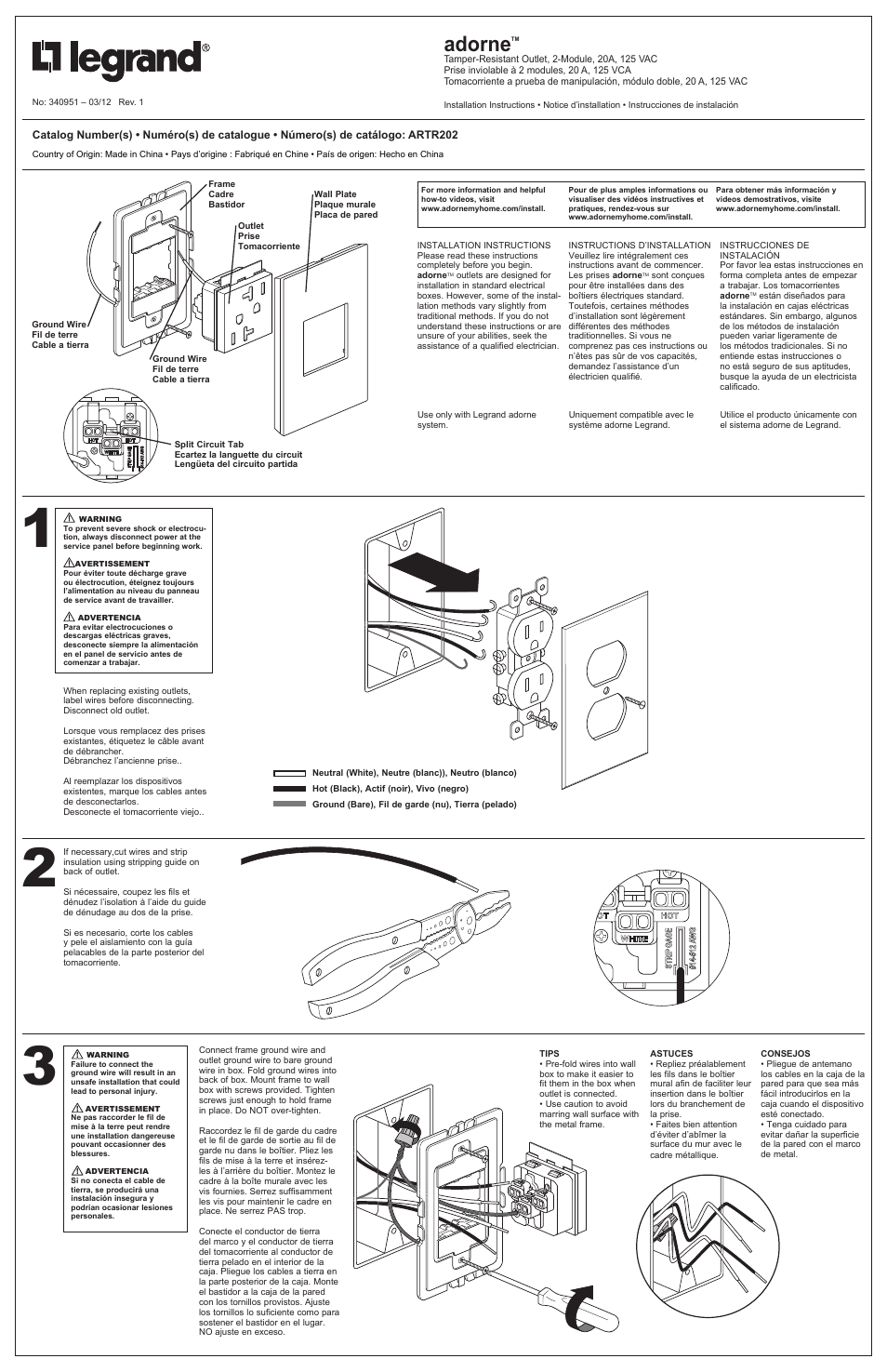 Legrand ARTR202 User Manual | 2 pages