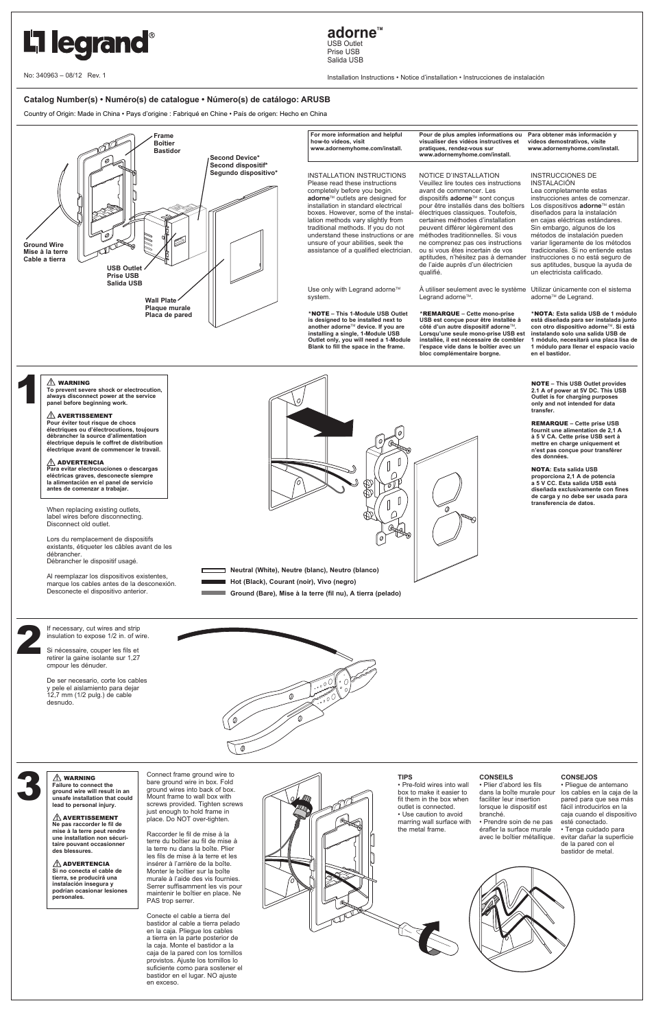 Legrand ARUSB User Manual | 2 pages