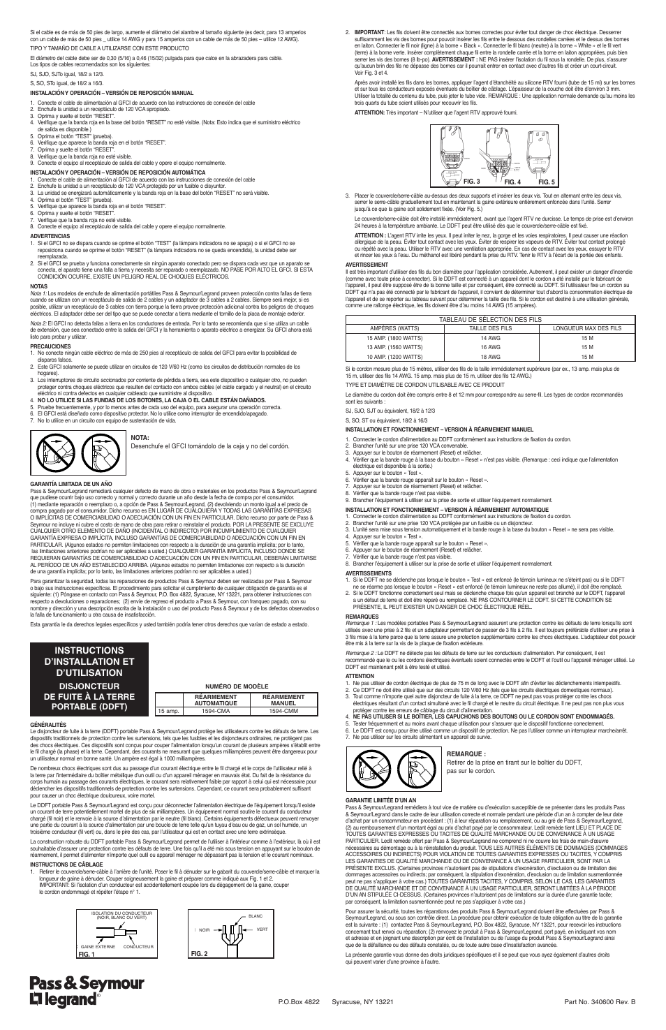 Instructions d’installation et d’utilisation, Disjoncteur de fuite à la terre portable (ddft) | Legrand 1594CMA User Manual | Page 2 / 2