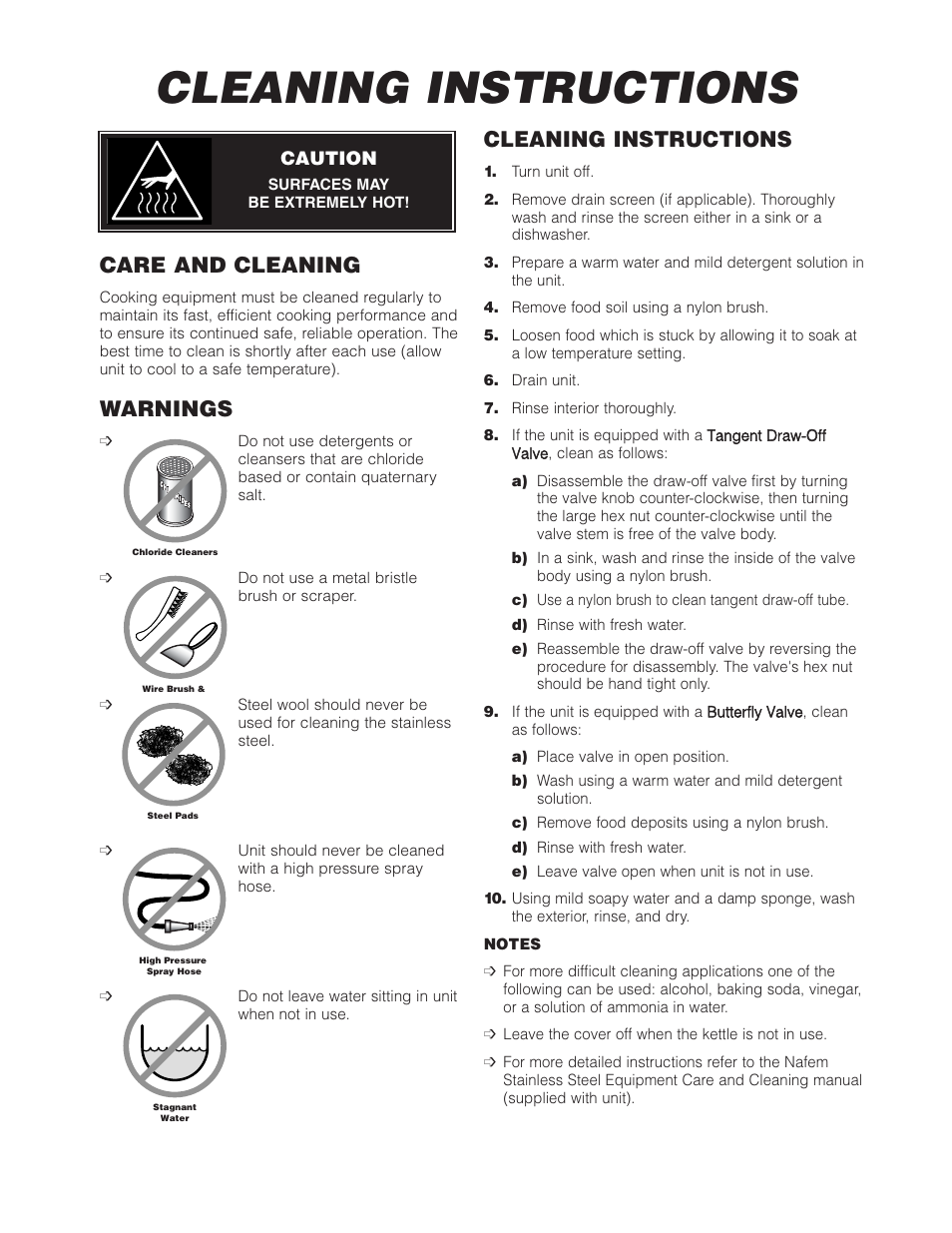 Cleaning instructions, Care and cleaning, Warnings | Cleveland Range HA-MKGL-80 User Manual | Page 10 / 47