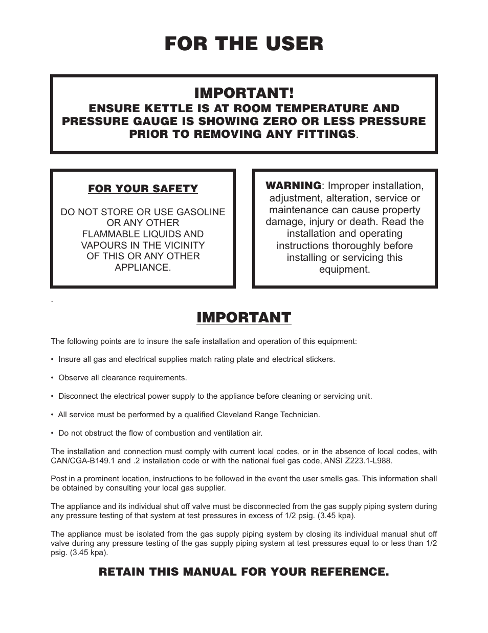 For the user, Important | Cleveland Range HA-MKGL-80 User Manual | Page 2 / 47