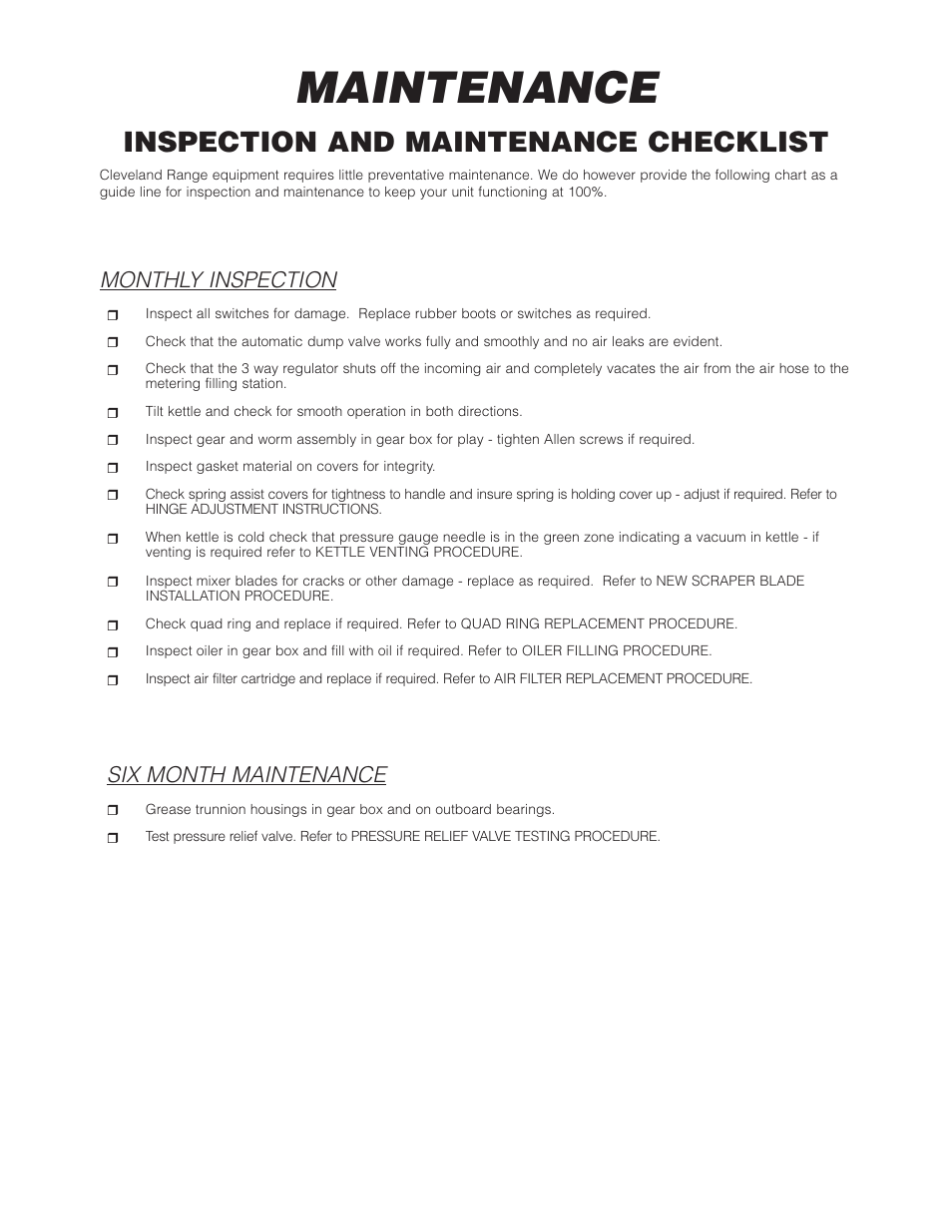 Maintenance, Inspection and maintenance checklist, Monthly inspection | Six month maintenance | Cleveland Range HA-MKGL-80 User Manual | Page 30 / 47