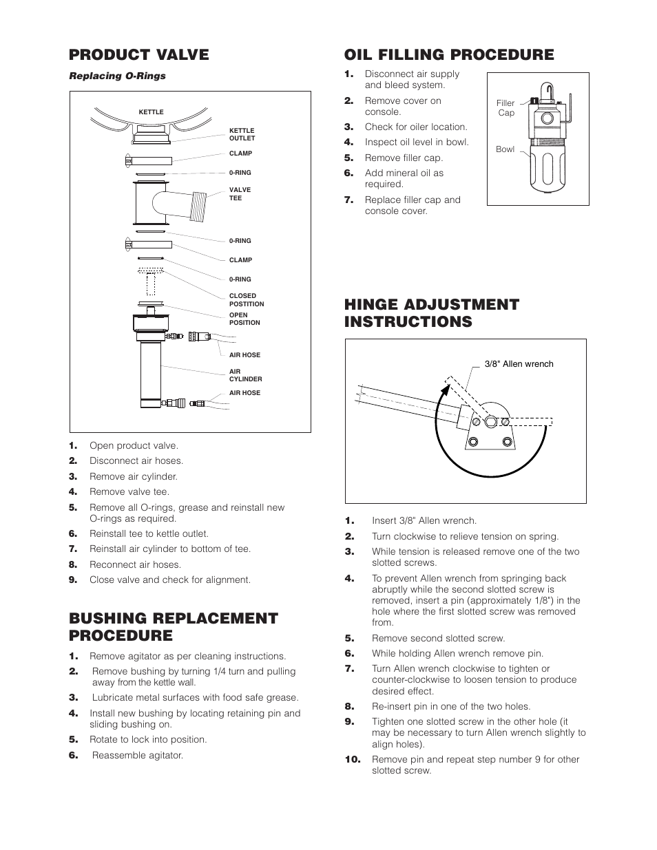 Product valve, Hinge adjustment instructions, Bushing replacement procedure | Oil filling procedure | Cleveland Range HA-MKGL-80 User Manual | Page 35 / 47