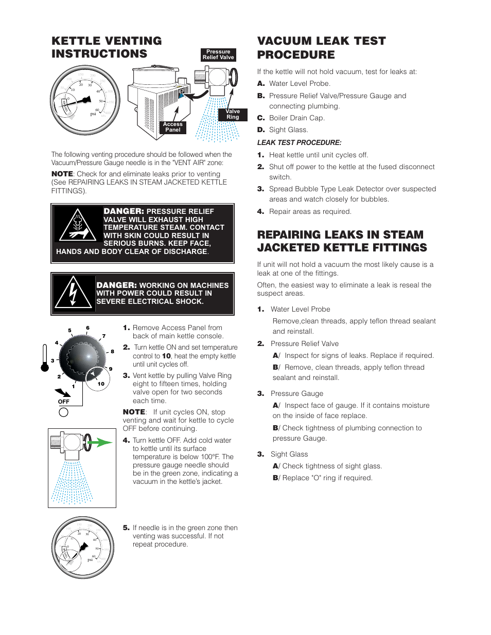 Kettle venting instructions, Vacuum leak test procedure, Repairing leaks in steam jacketed kettle fittings | Danger | Cleveland Range HA-MKGL-80 User Manual | Page 36 / 47