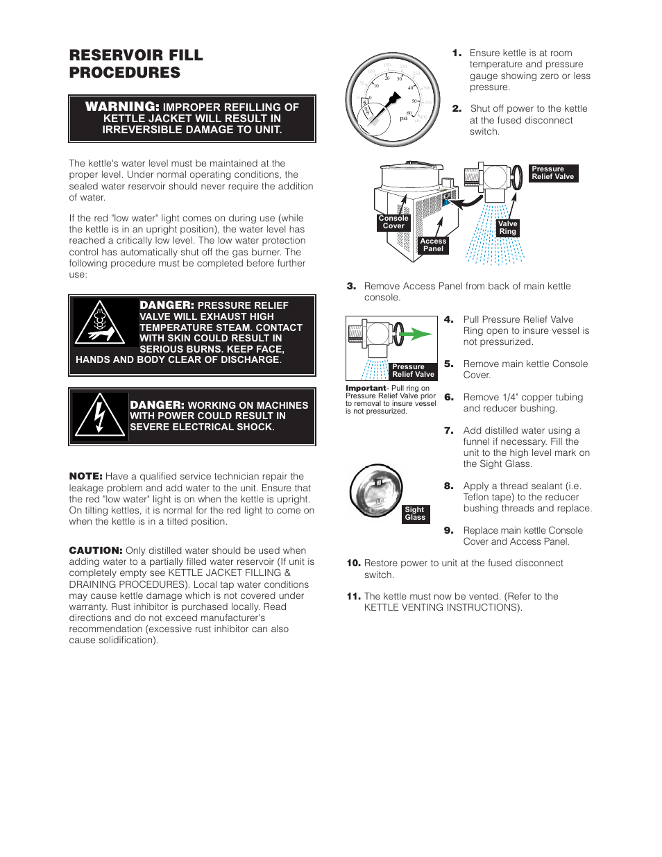 Reservoir fill procedures, Warning, Danger | Cleveland Range HA-MKGL-80 User Manual | Page 37 / 47