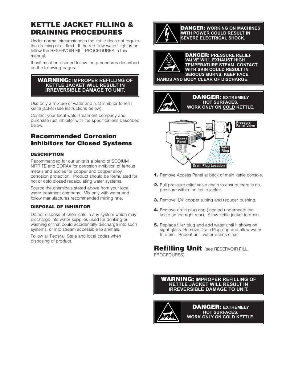 Refilling unit, Kettle jacket filling & draining procedures, Warning | Danger | Cleveland Range HA-MKGL-80 User Manual | Page 39 / 47