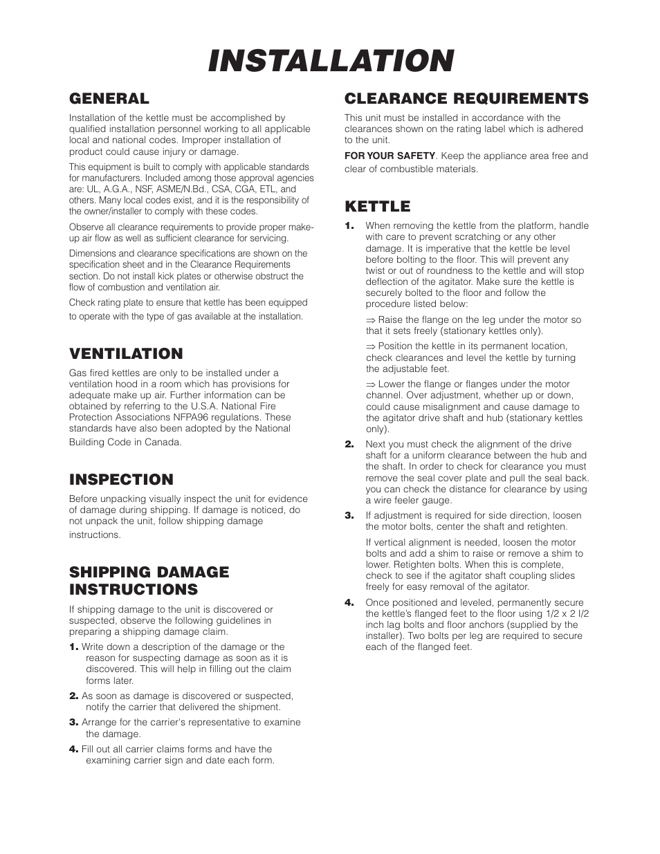 Installation, General, Ventilation | Inspection, Shipping damage instructions, Clearance requirements, Kettle | Cleveland Range HA-MKGL-80 User Manual | Page 4 / 47