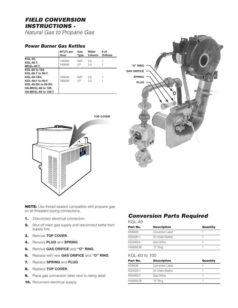 Conversion parts required, Power burner gas kettles, Kgl-40 | Cleveland Range HA-MKGL-80 User Manual | Page 42 / 47