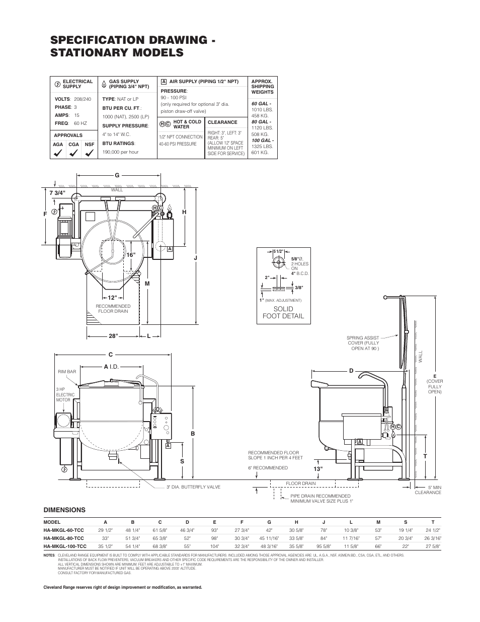 Specification drawing - stationary models, Dimensions, Solid foot detail | Cleveland Range HA-MKGL-80 User Manual | Page 6 / 47