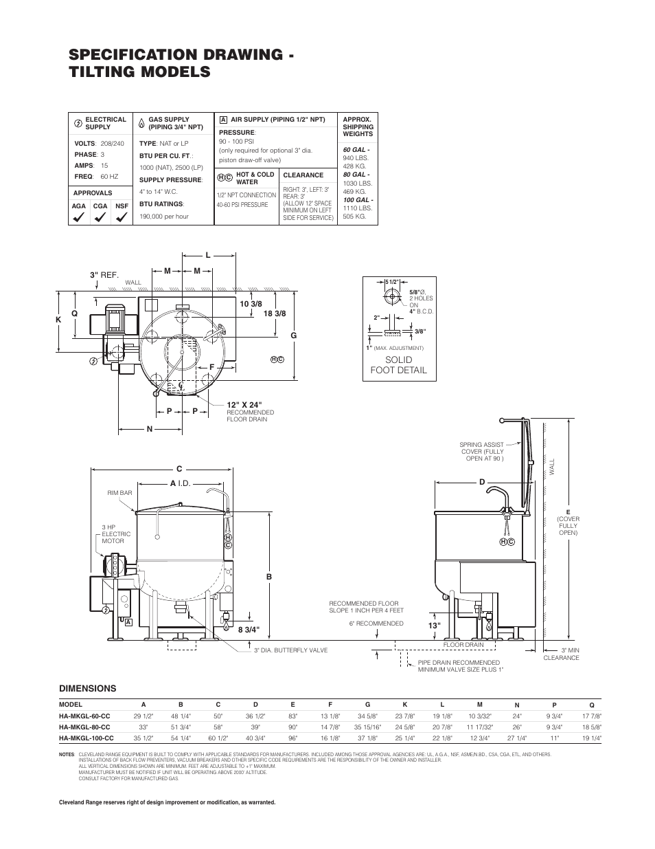 Specification drawing - tilting models, Dimensions, Solid foot detail | Cleveland Range HA-MKGL-80 User Manual | Page 7 / 47