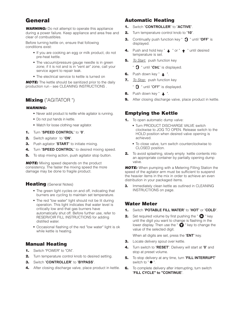 General, Mixing ("agitator "), Heating | Manual heating, Automatic heating, Emptying the kettle, Water meter | Cleveland Range HA-MKGL-80 User Manual | Page 9 / 47
