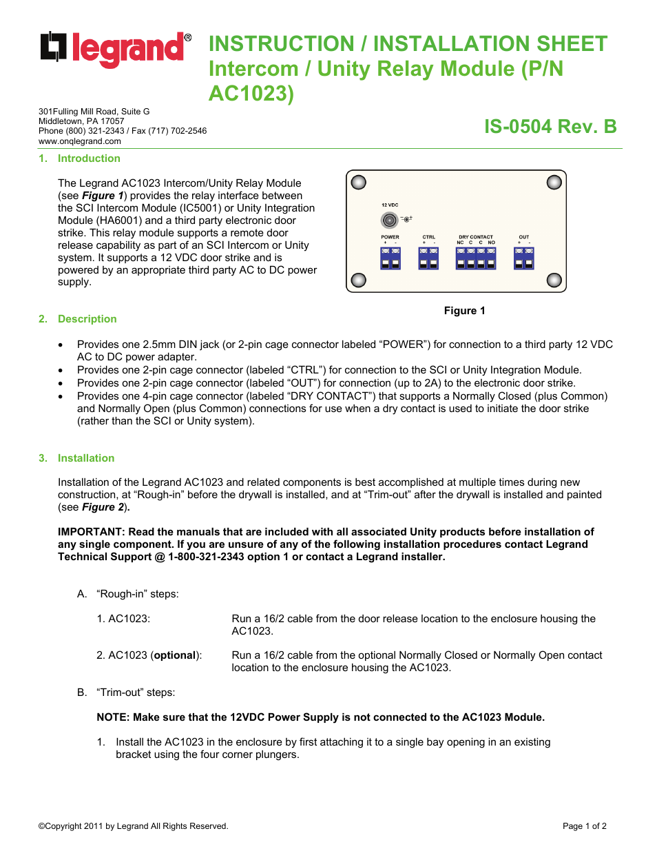 Legrand AC1023 User Manual | 2 pages