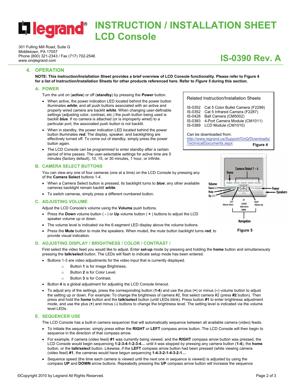 Instruction / installation sheet lcd console, Is-0390 rev. a | Legrand HA5000-xx User Manual | Page 2 / 3