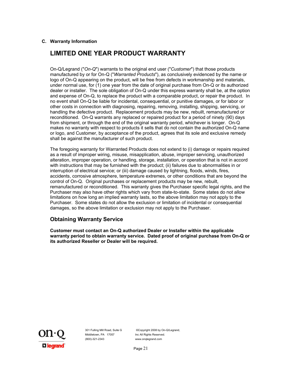 Limited one year product warranty, Obtaining warranty service | Legrand IC5400 User Manual | Page 25 / 26