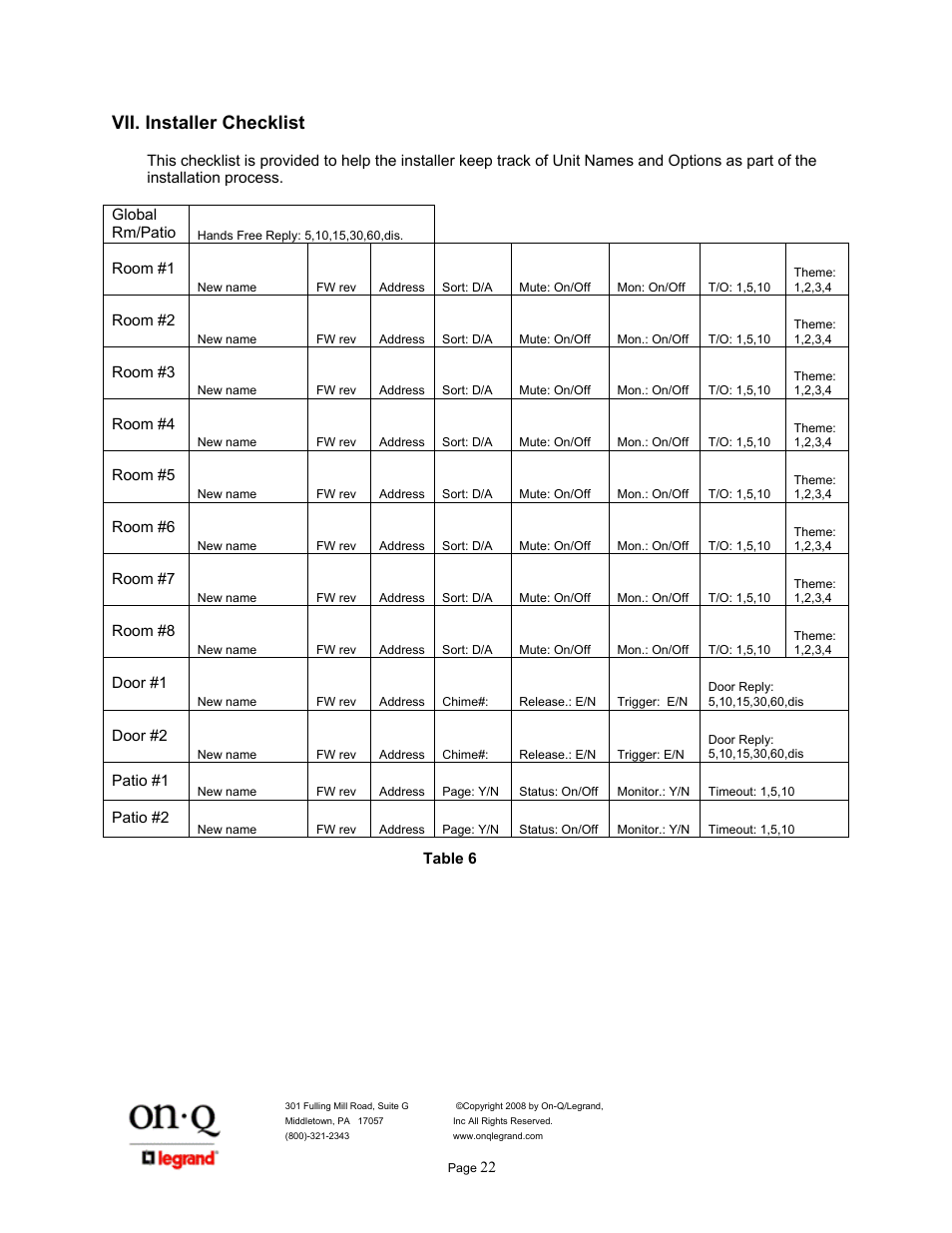 Vii. installer checklist | Legrand IC5400 User Manual | Page 26 / 26