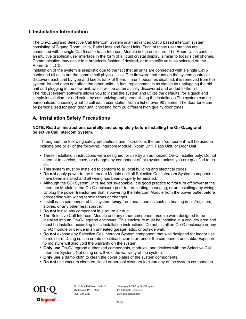 I. installation introduction, A. installation safety precautions | Legrand IC5400 User Manual | Page 5 / 26