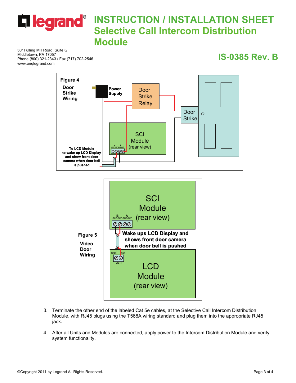 Is-0385 rev. b, Sci module, Lcd module | Rear view), Door strike door strike relay sci module | Legrand IC5001 User Manual | Page 3 / 4