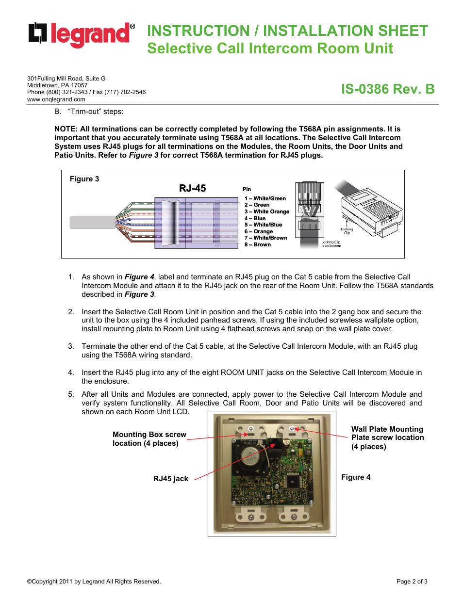 Is-0386 rev. b, Rj-45 | Legrand IC5000-xx User Manual | Page 2 / 3