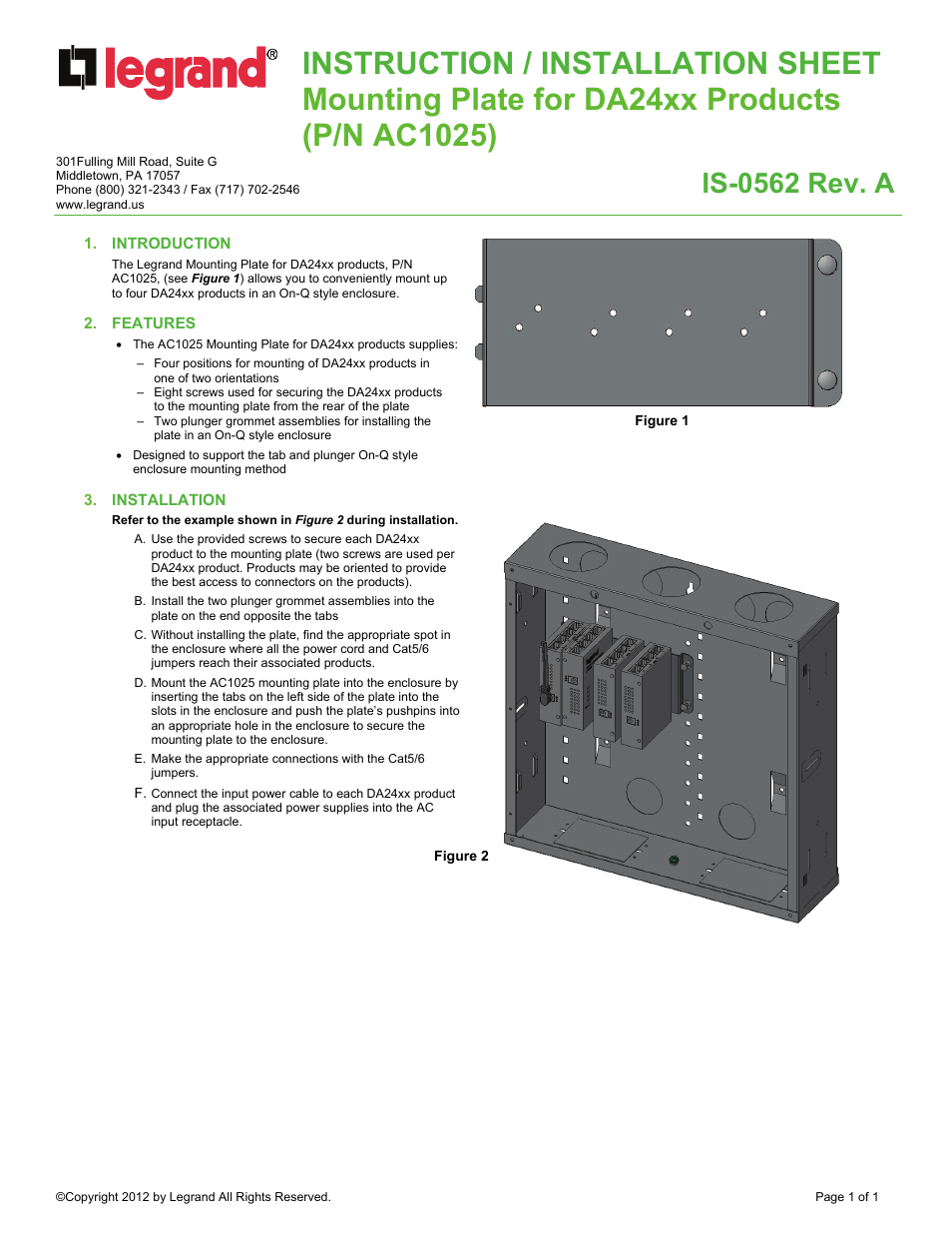 Legrand AC1025 User Manual | 1 page