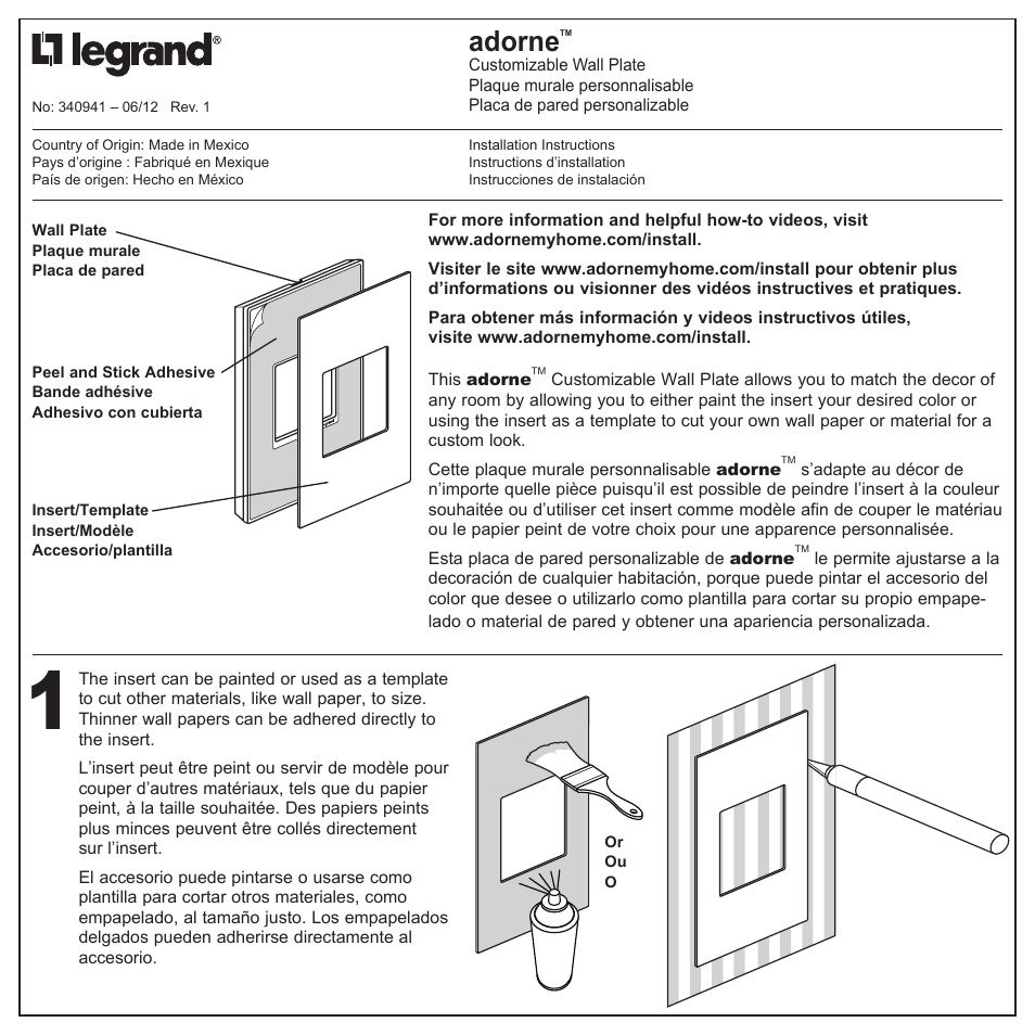 Legrand AWM1G3M4 User Manual | 2 pages