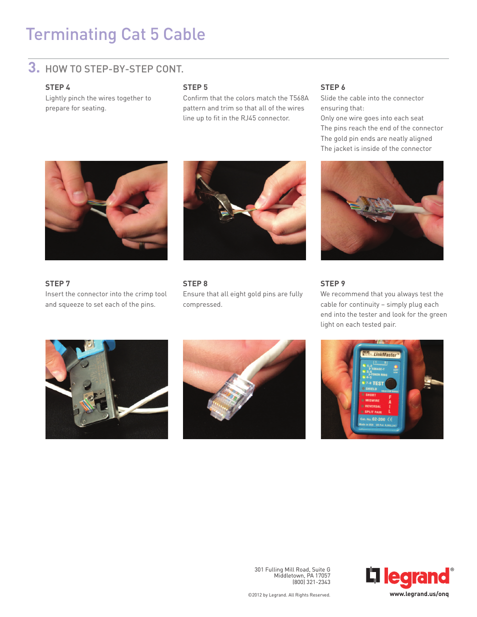 Terminating cat 5 cable, How to step-by-step cont | Legrand AC345050 User Manual | Page 2 / 2