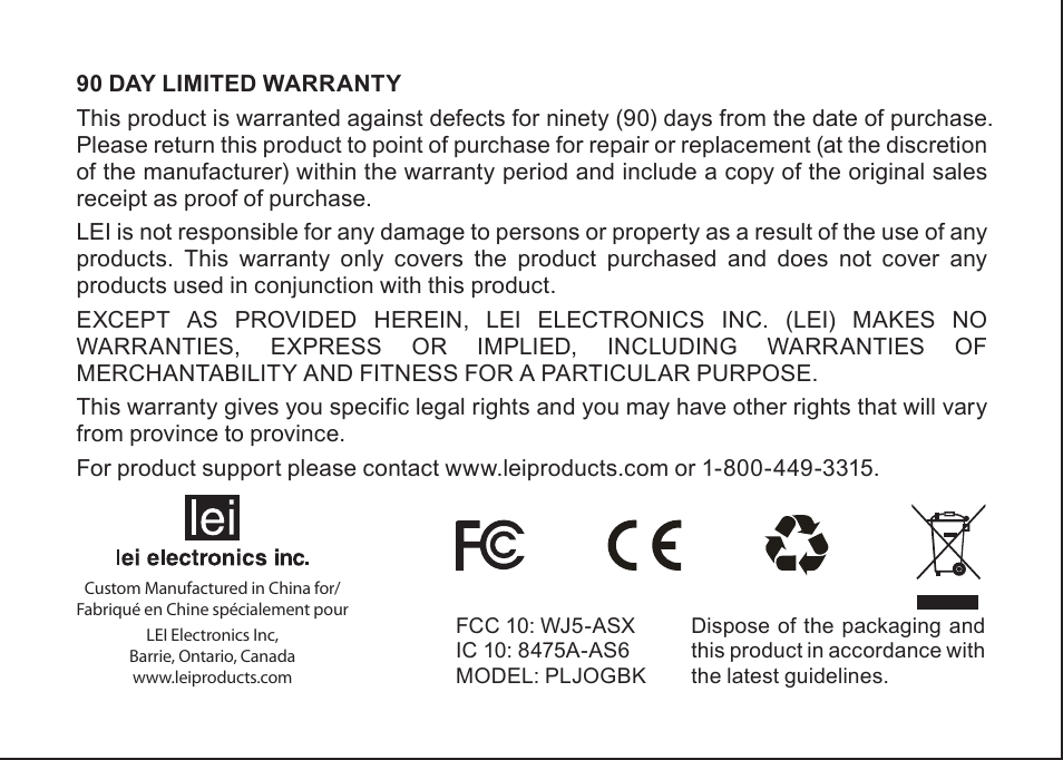 LEI Electronics PLJOGBK User Manual | Page 16 / 16