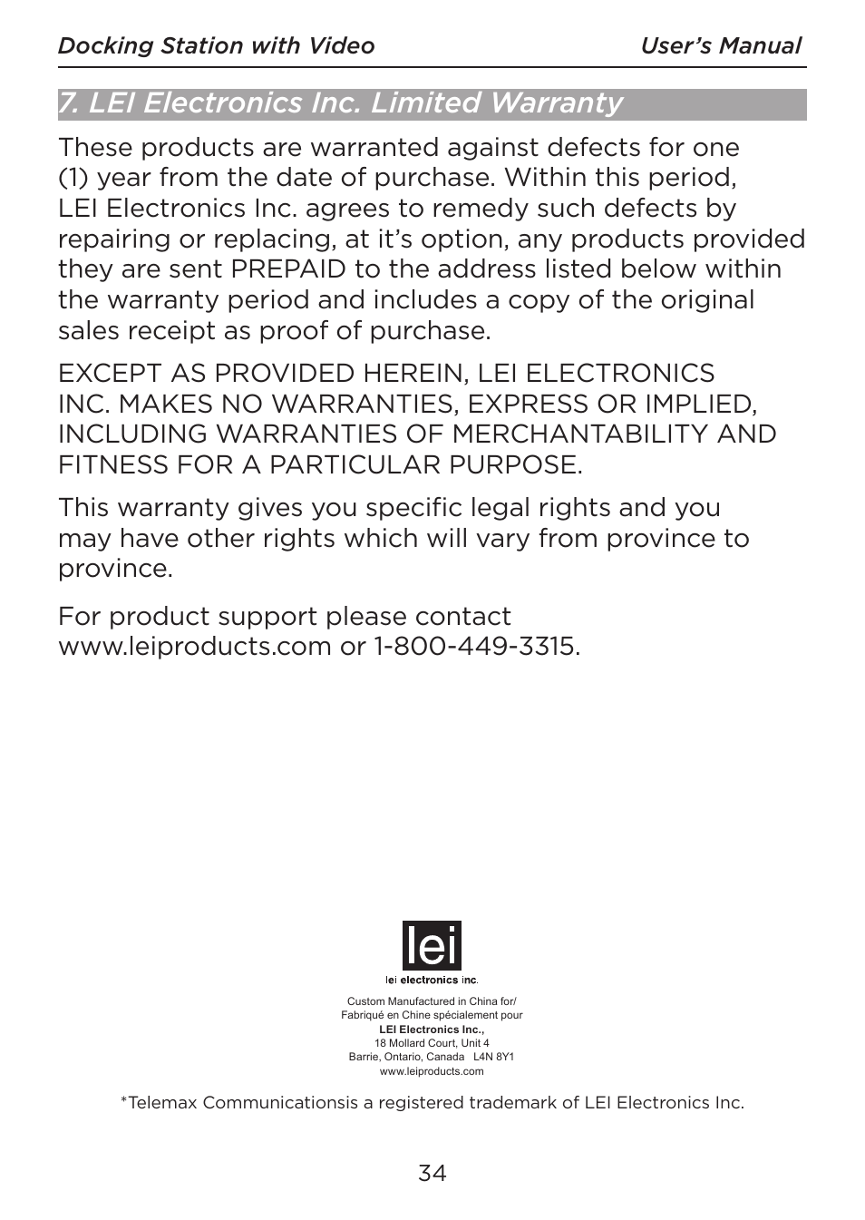 Lei electronics inc. limited warranty, 34 docking station with video user’s manual | LEI Electronics TXDOCK User Manual | Page 34 / 34