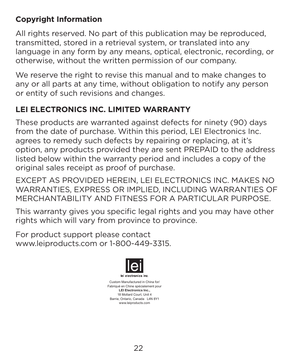 LEI Electronics PTDVNT User Manual | Page 22 / 22