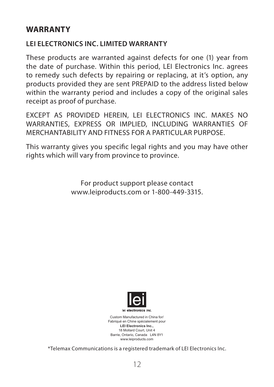 Warranty | LEI Electronics TXGCDIG User Manual | Page 12 / 12