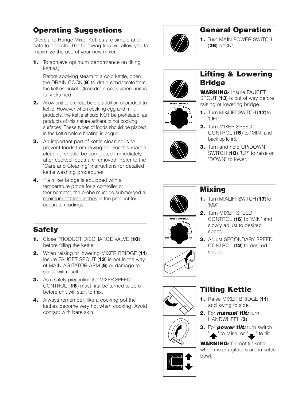 Tilting kettle, Mixing, Lifting & lowering bridge | General operation, Operating suggestions, Safety | Cleveland Range MKDL-125-CC User Manual | Page 11 / 43