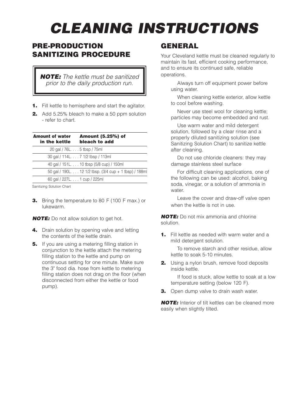 Cleaning instructions, Pre-production sanitizing procedure, General | Cleveland Range MKDL-125-CC User Manual | Page 14 / 43