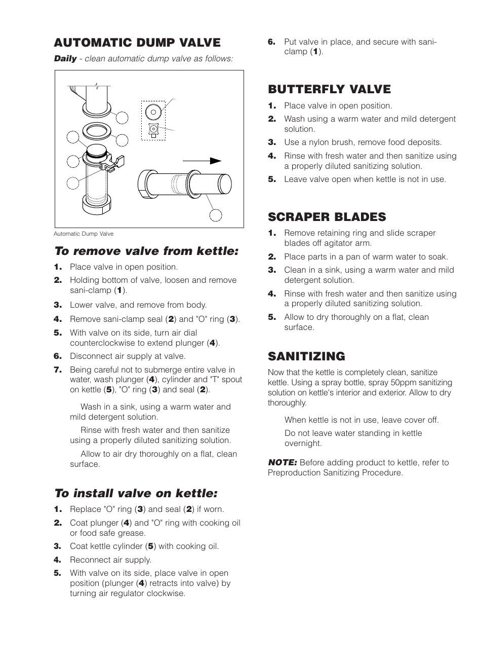 Automatic dump valve, Butterfly valve, Scraper blades | Sanitizing | Cleveland Range MKDL-125-CC User Manual | Page 15 / 43