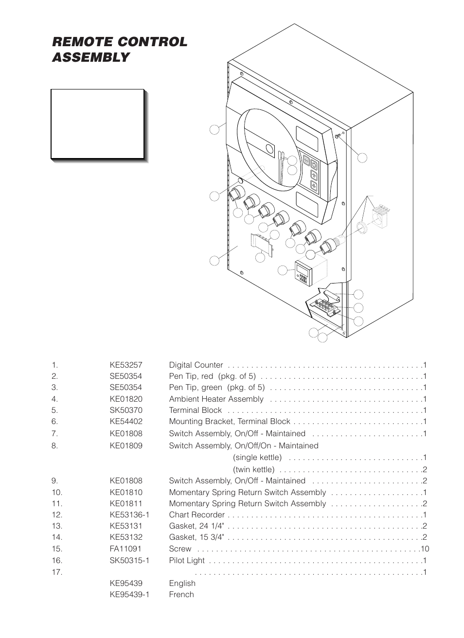 Remote control assembly, Item no. part no. description qty | Cleveland Range MKDL-125-CC User Manual | Page 17 / 43