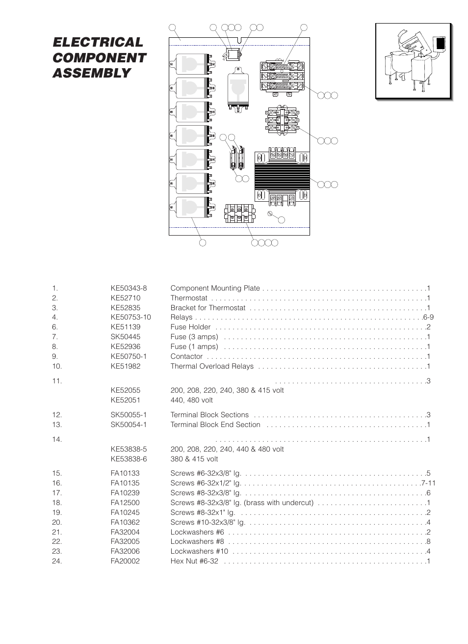 Electrical component assembly, Item no. part no. description qty | Cleveland Range MKDL-125-CC User Manual | Page 30 / 43