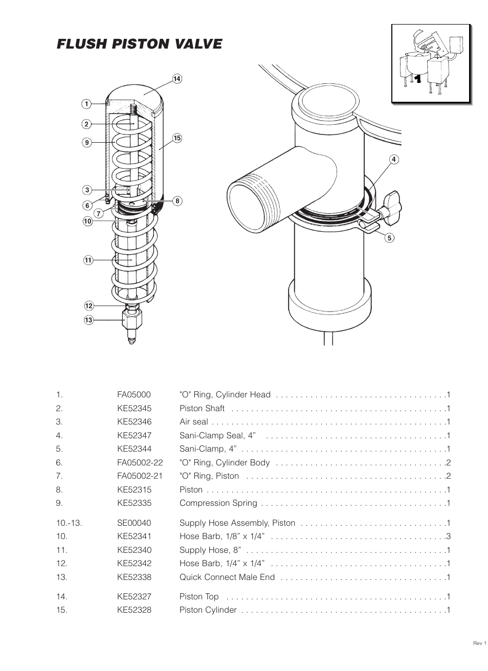 Flush piston valve, Item no. part no. description qty | Cleveland Range MKDL-125-CC User Manual | Page 31 / 43