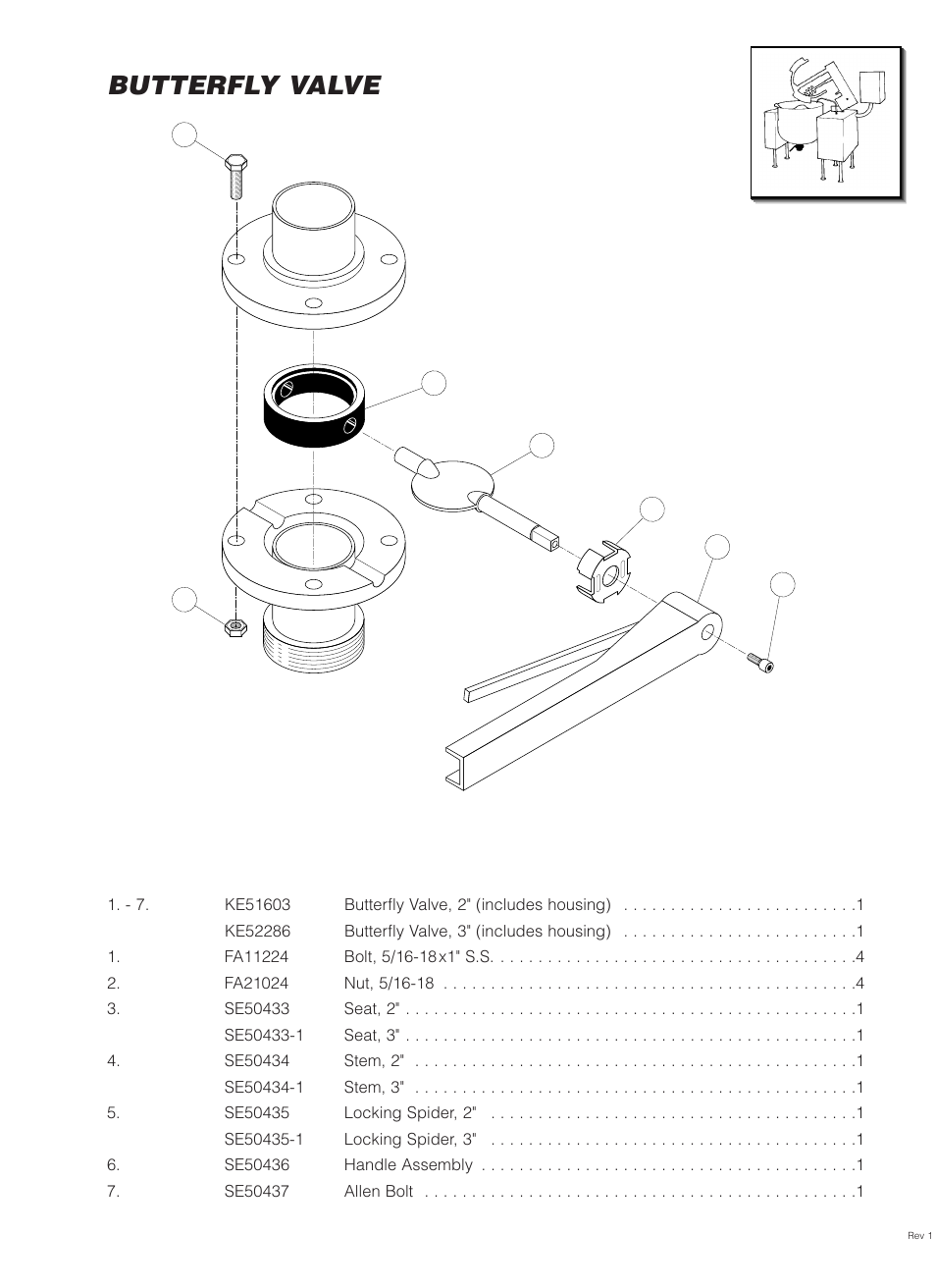 Butterfly valve, Item no. part no. description qty | Cleveland Range MKDL-125-CC User Manual | Page 32 / 43