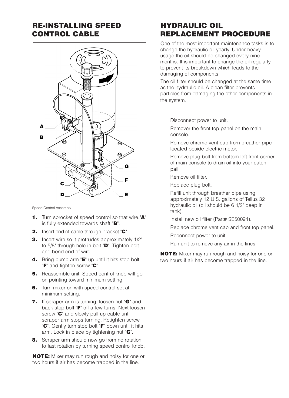 Re-installing speed control cable, Hydraulic oil replacement procedure | Cleveland Range MKDL-125-CC User Manual | Page 37 / 43